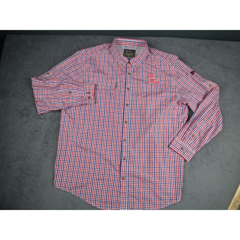 Ole Miss Rebels Drake Waterfowl Gingham Button Down Shirt Mens XL Red Blue Check